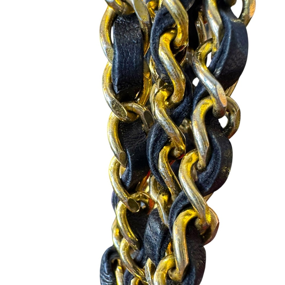 VTG CHANEL Woven Chain Belt Black Leather and Gold Chain with CC Medallion - Picture 5 of 9